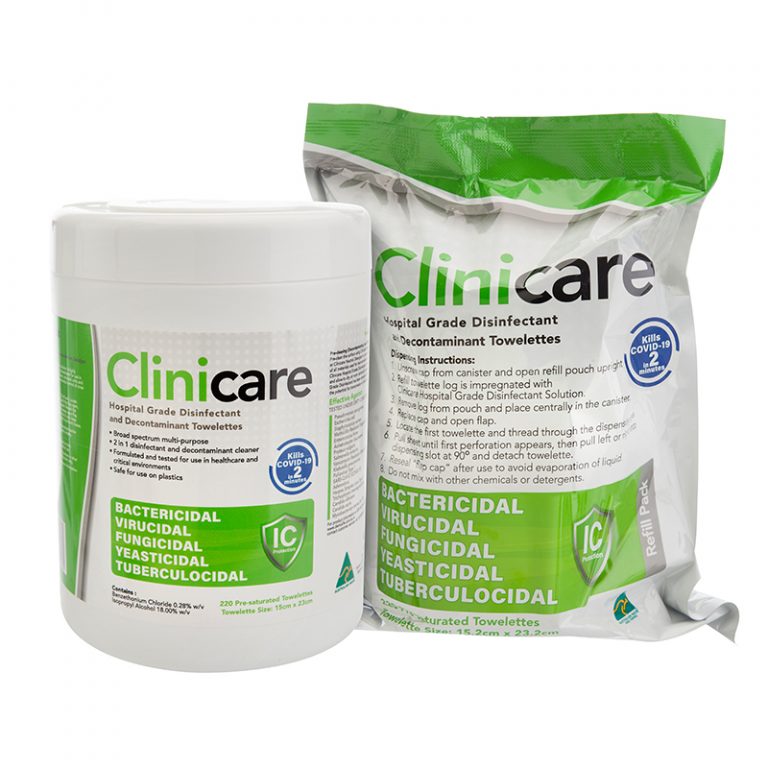 CLINICARE HOSPITAL GRADE DISINFECTANT AND DECONTAMINANT WIPES CANISTERS & REFILLS