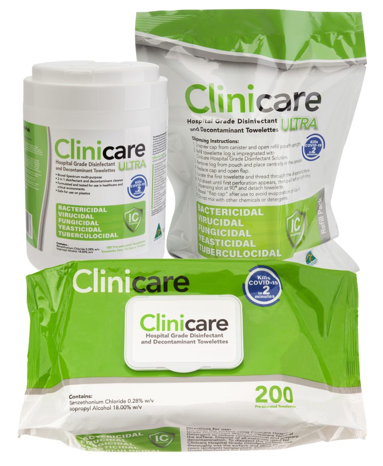 CLINICARE HOSPITAL GRADE DISINFECTANT AND DECONTAMINANT ULTRA TOWELETTES