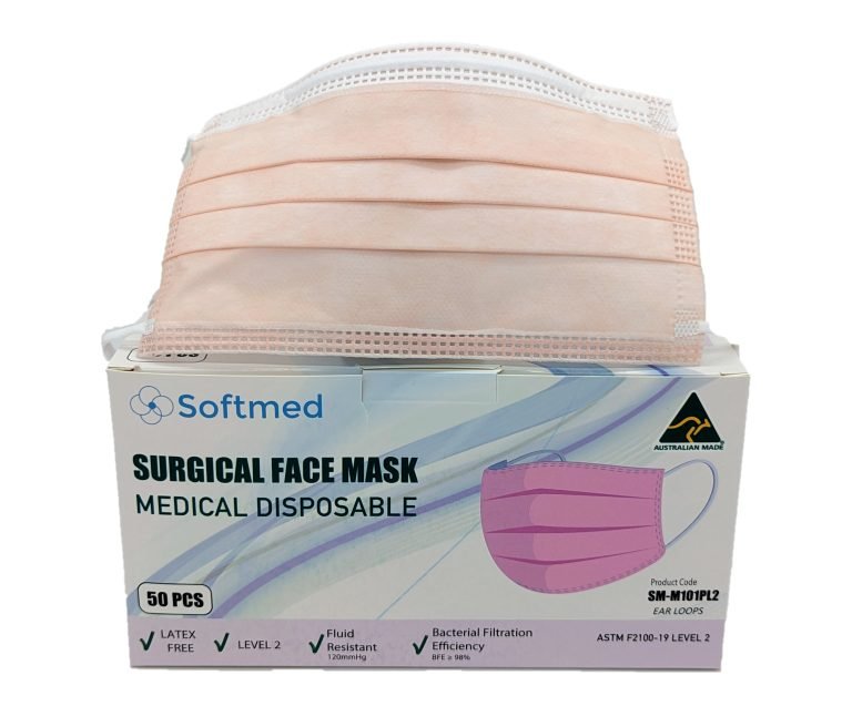 SURGICAL MASKS EAR LOOP LEVEL 2 – APRICOT PINK (50 /BOX, 27 BOXES /CARTON)